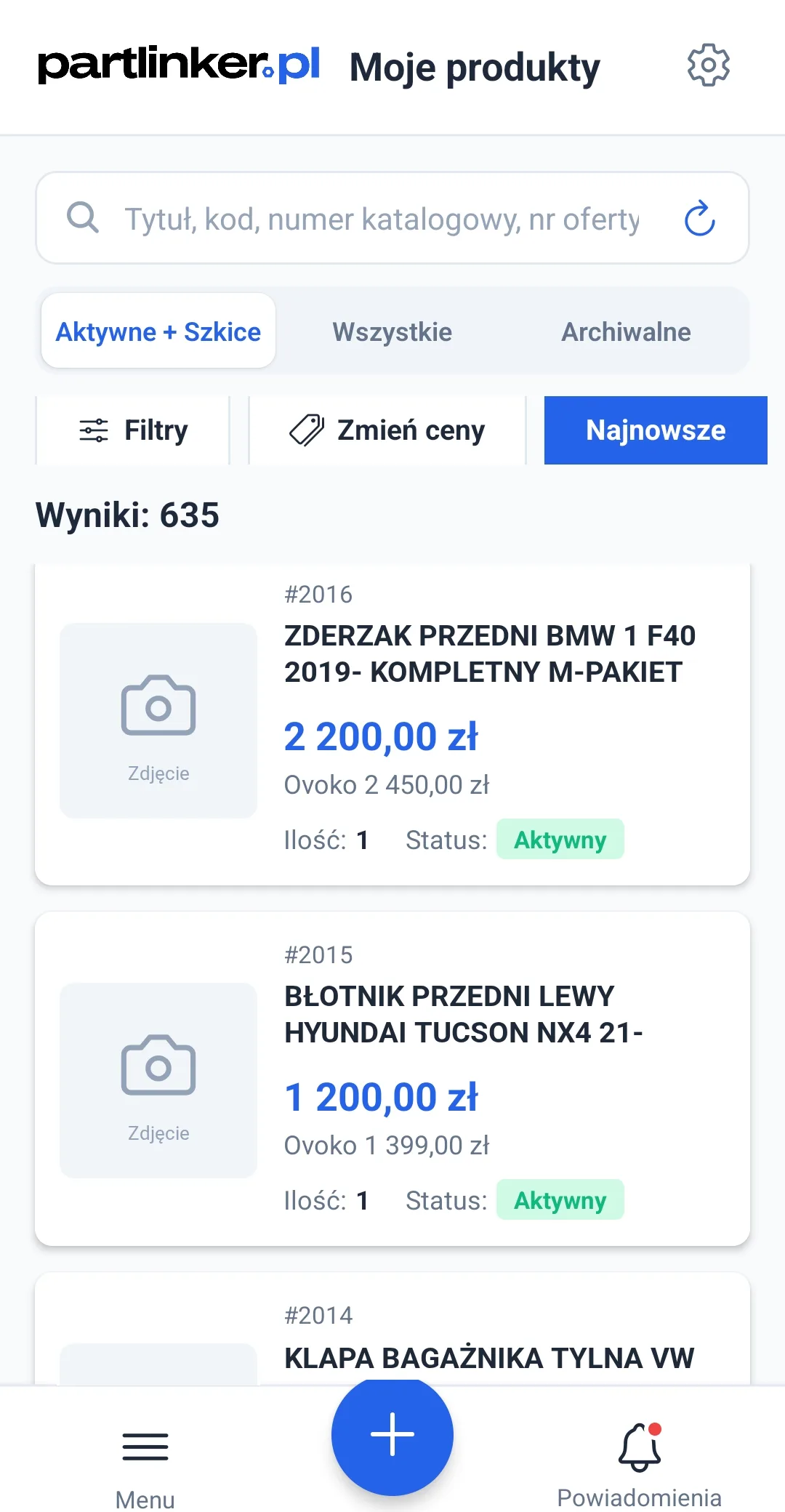 Lista produktów w aplikacji mobilnej PartLinker